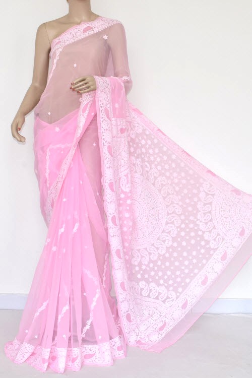Baby Pink Hand-Embroidered Chikankari Georgette Saree