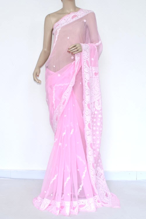 Baby Pink Hand-Embroidered Chikankari Georgette Saree