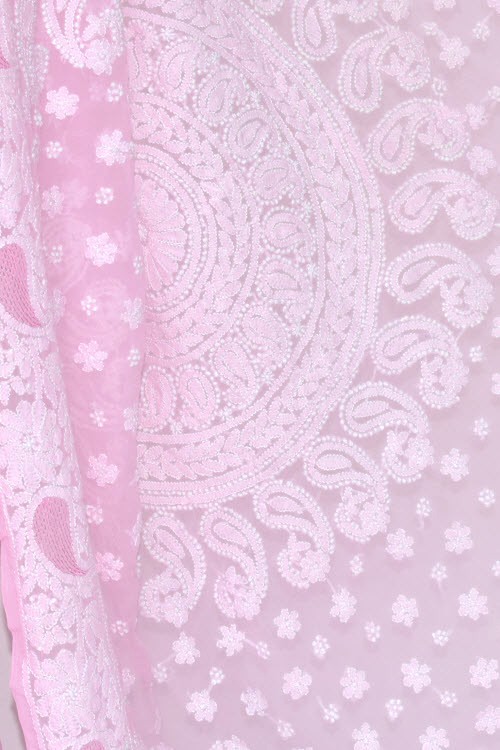 Baby Pink Hand-Embroidered Chikankari Georgette Saree