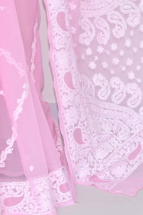 Baby Pink Hand-Embroidered Chikankari Georgette Saree