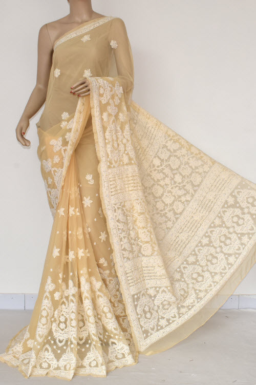 Fawn Hand-Embroidered Chikankari Georgette Saree