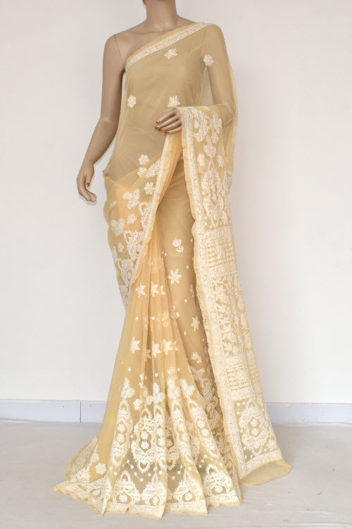 Fawn Hand-Embroidered Chikankari Georgette Saree