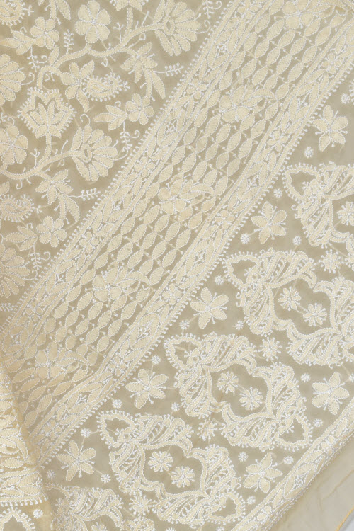 Fawn Hand-Embroidered Chikankari Georgette Saree