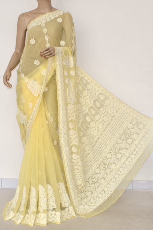 Light Yellow Hand-Embroidered Chikankari Georgette Saree