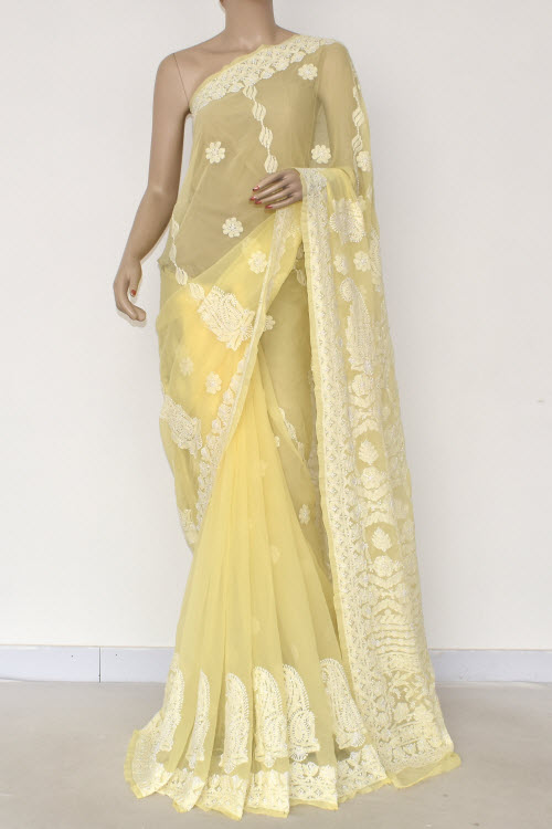 Light Yellow Hand-Embroidered Chikankari Georgette Saree
