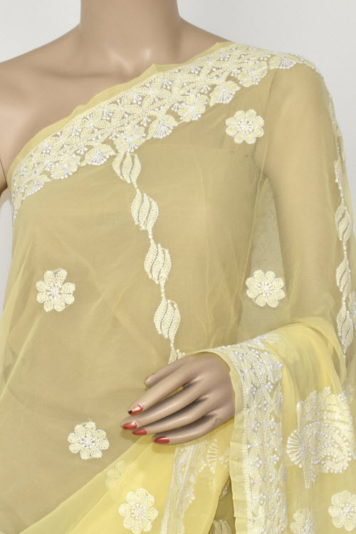 Light Yellow Hand-Embroidered Chikankari Georgette Saree