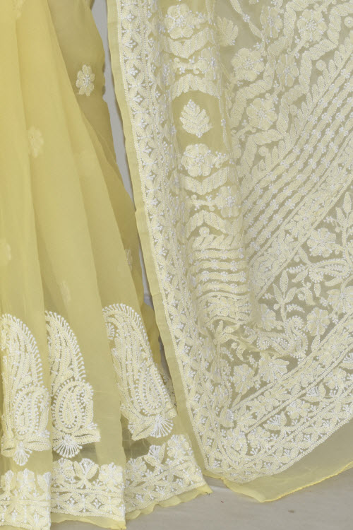 Light Yellow Hand-Embroidered Chikankari Georgette Saree
