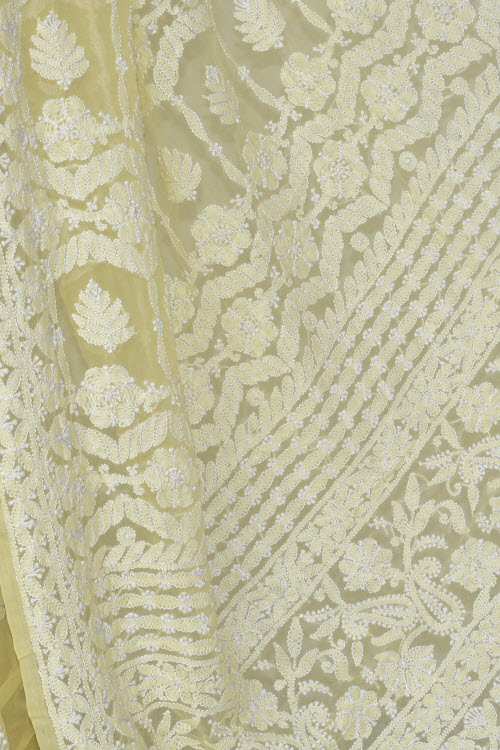 Light Yellow Hand-Embroidered Chikankari Georgette Saree