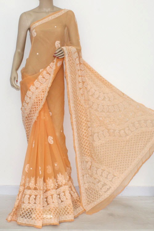 Orange Hand-Embroidered Chikankari Georgette Saree