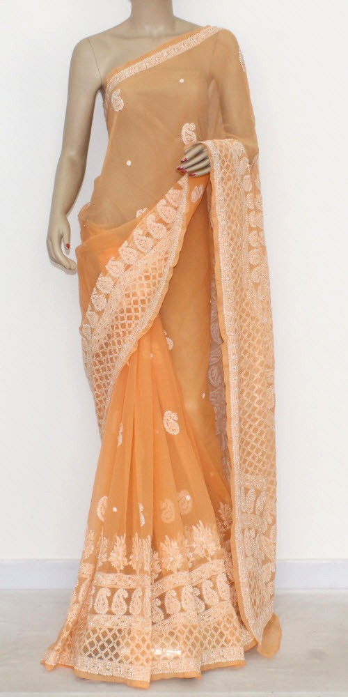 Orange Hand-Embroidered Chikankari Georgette Saree