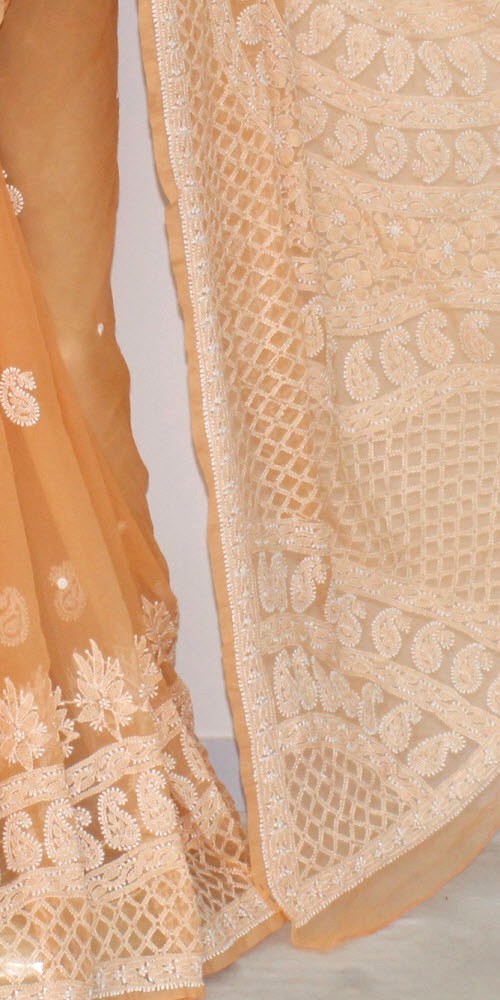 Orange Hand-Embroidered Chikankari Georgette Saree