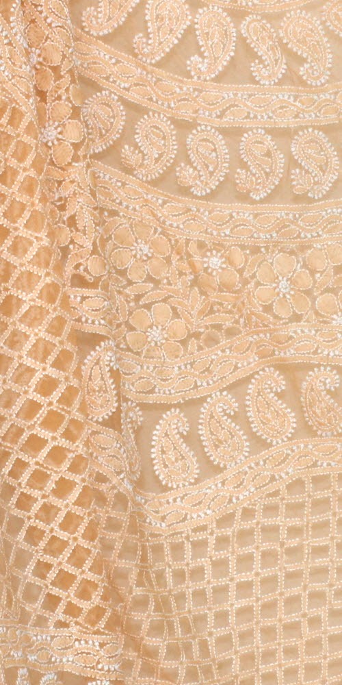 Orange Hand-Embroidered Chikankari Georgette Saree