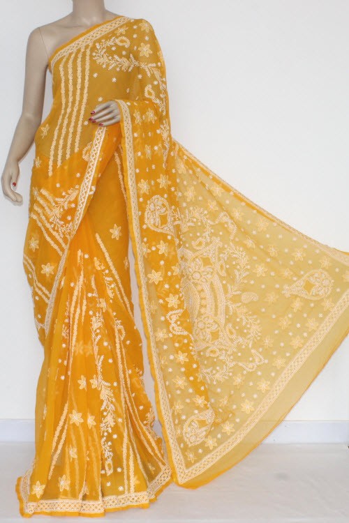 Mustard Yellow Hand-Embroidered Chikankari Georgette Saree