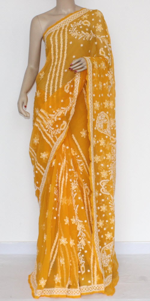 Mustard Yellow Hand-Embroidered Chikankari Georgette Saree