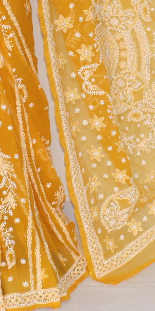 Mustard Yellow Hand-Embroidered Chikankari Georgette Saree