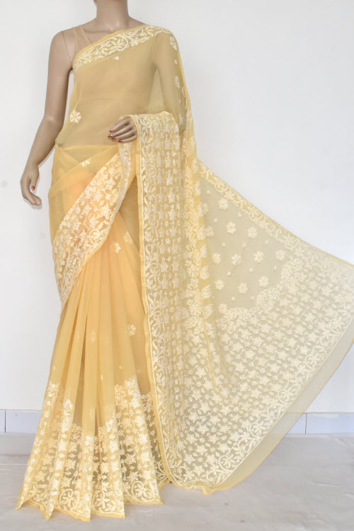 Beige Hand-Embroidered Chikankari Georgette Saree