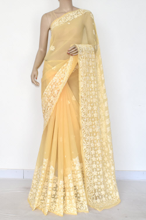 Beige Hand-Embroidered Chikankari Georgette Saree