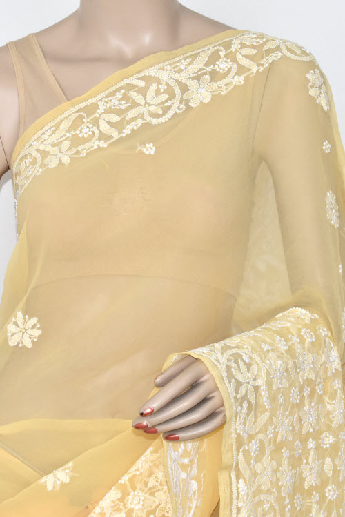Beige Hand-Embroidered Chikankari Georgette Saree