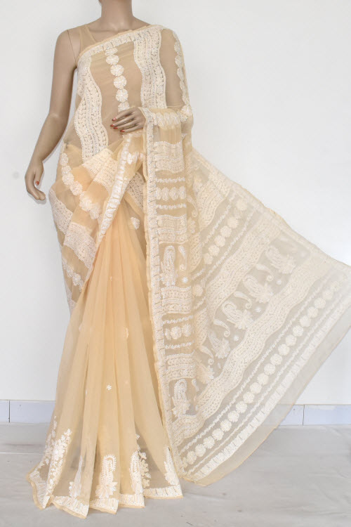 Fawn Hand-Embroidered Chikankari Georgette Saree