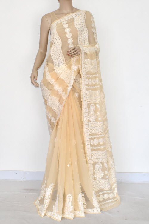 Fawn Hand-Embroidered Chikankari Georgette Saree
