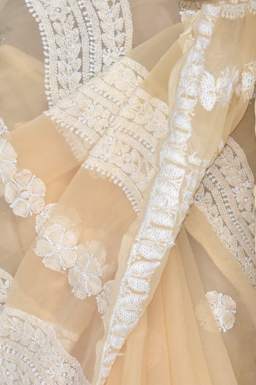 Fawn Hand-Embroidered Chikankari Georgette Saree