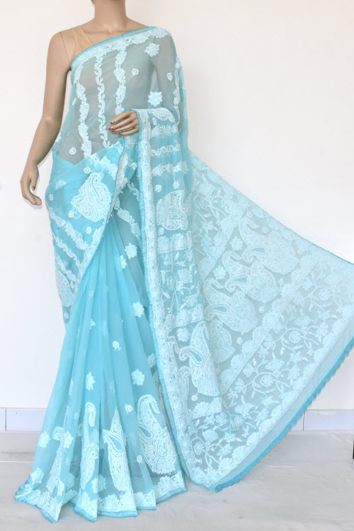 Sky Blue Hand-Embroidered Chikankari Georgette Saree