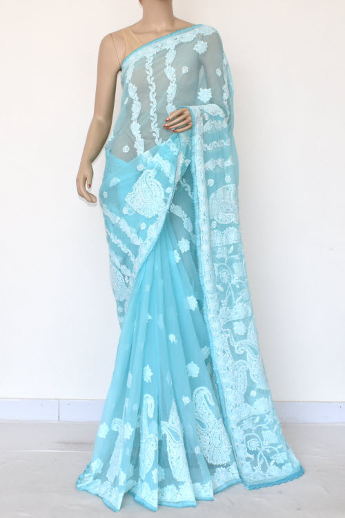 Sky Blue Hand-Embroidered Chikankari Georgette Saree