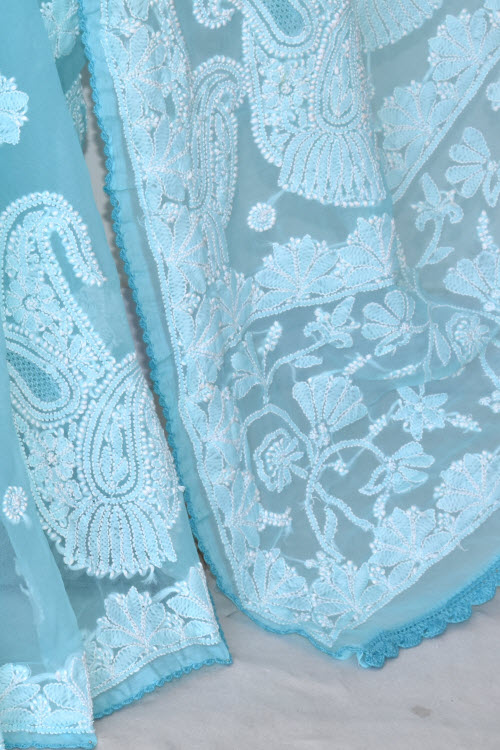 Sky Blue Hand-Embroidered Chikankari Georgette Saree