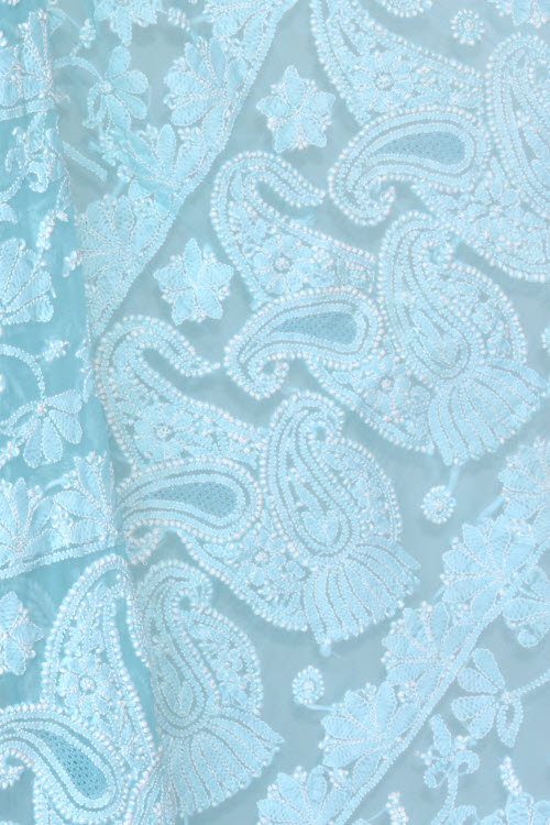 Sky Blue Hand-Embroidered Chikankari Georgette Saree