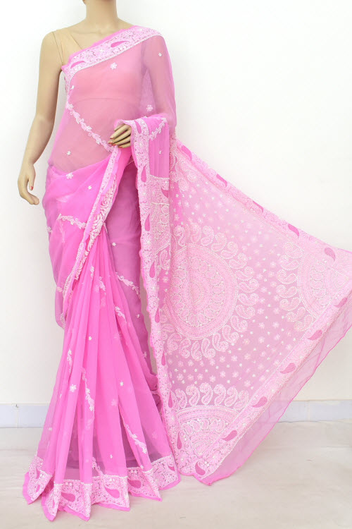 Onion Hand-Embroidered Chikankari Georgette Saree