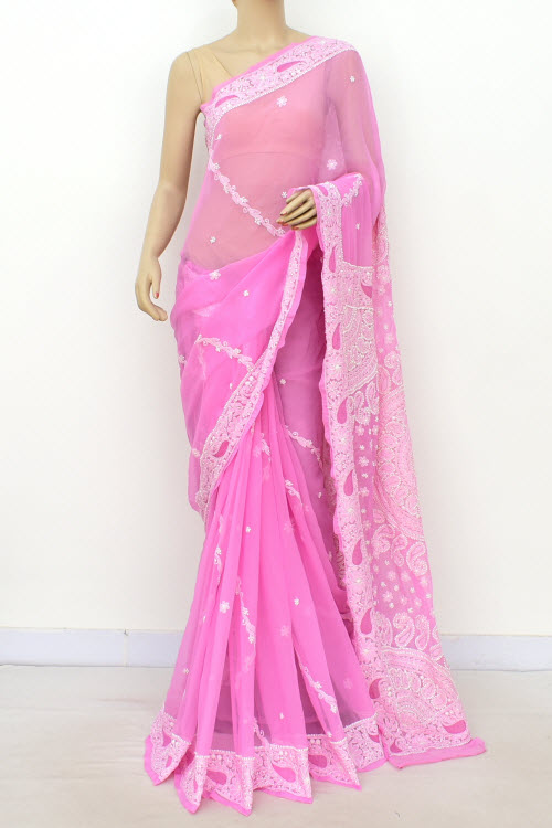 Onion Hand-Embroidered Chikankari Georgette Saree