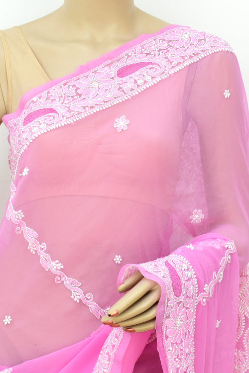 Onion Hand-Embroidered Chikankari Georgette Saree