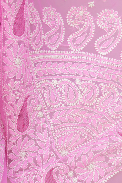 Onion Hand-Embroidered Chikankari Georgette Saree