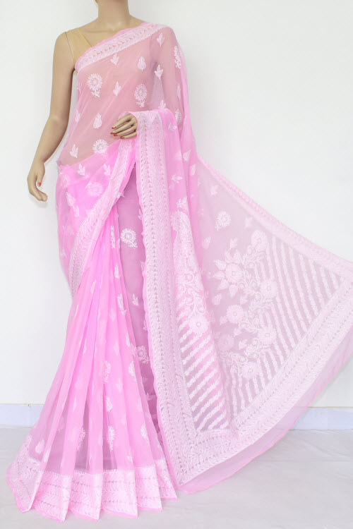 Pink Hand-Embroidered Chikankari Georgette Saree 14660