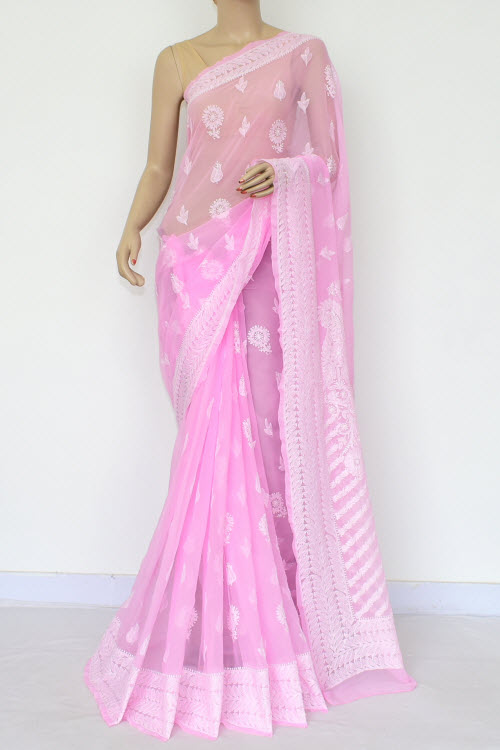 Pink Hand-Embroidered Chikankari Georgette Saree 14660