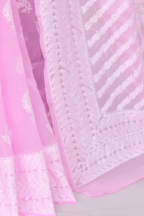 Pink Hand-Embroidered Chikankari Georgette Saree 14660