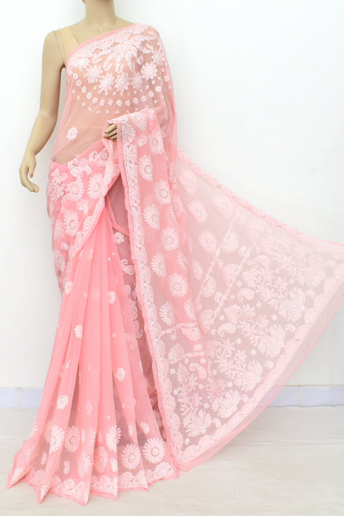 Peach Hand-Embroidered Chikankari Georgette Saree 14713