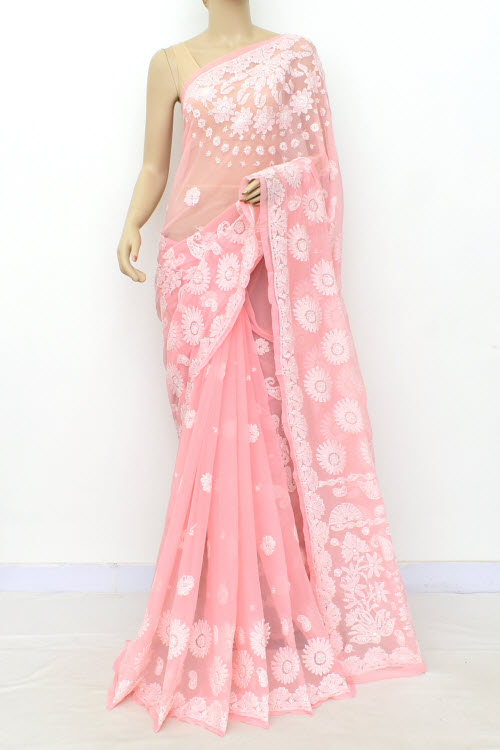 Peach Hand-Embroidered Chikankari Georgette Saree 14713