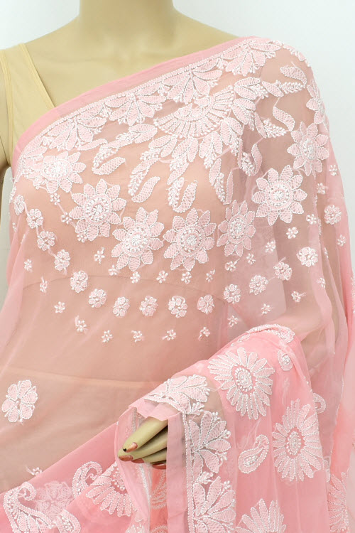 Peach Hand-Embroidered Chikankari Georgette Saree 14713