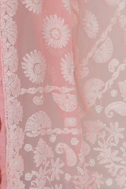 Peach Hand-Embroidered Chikankari Georgette Saree 14713