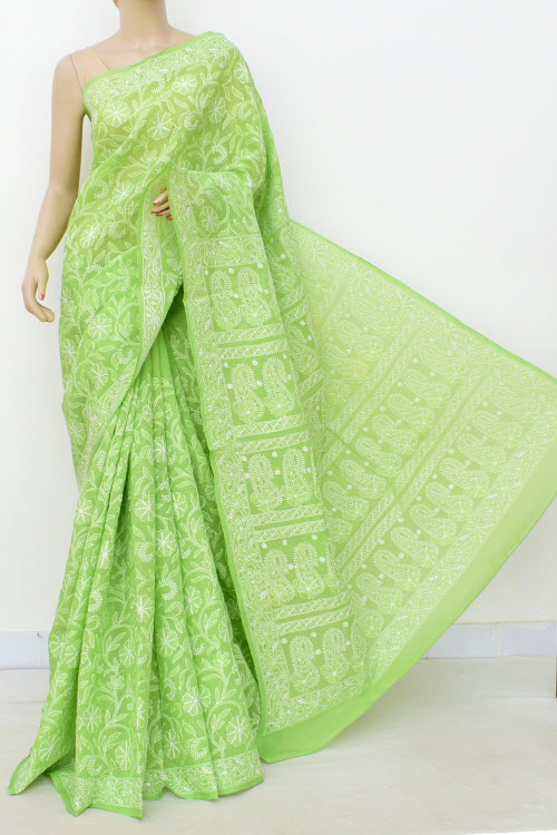 Pista Green Allover Hand-Embroidered Chikankari Cotton Saree 14740