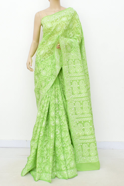 Pista Green Allover Hand-Embroidered Chikankari Cotton Saree 14740