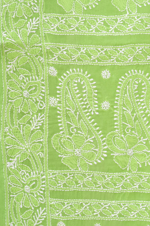 Pista Green Allover Hand-Embroidered Chikankari Cotton Saree 14740