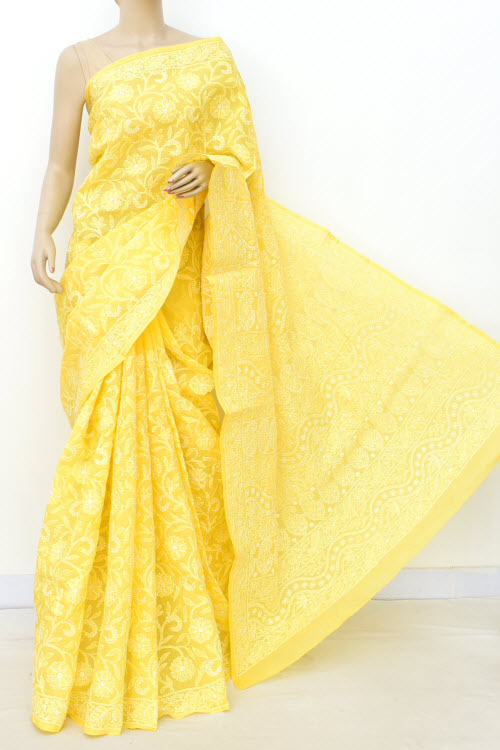 Golden Yellow Allover Hand-Embroidered Chikankari Cotton Saree 14744