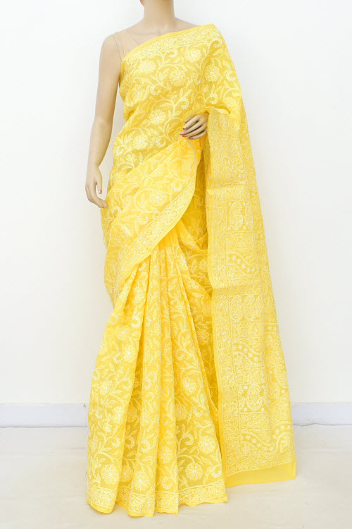 Golden Yellow Allover Hand-Embroidered Chikankari Cotton Saree 14744