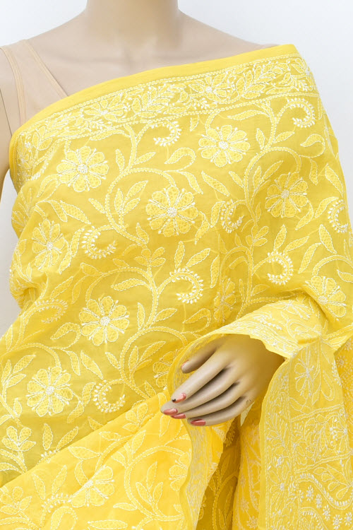Golden Yellow Allover Hand-Embroidered Chikankari Cotton Saree 14744
