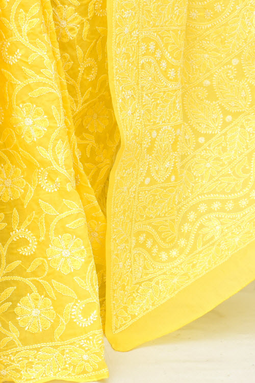 Golden Yellow Allover Hand-Embroidered Chikankari Cotton Saree 14744
