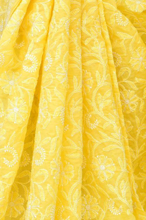 Golden Yellow Allover Hand-Embroidered Chikankari Cotton Saree 14744