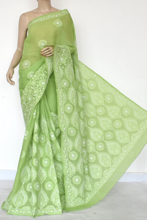 Mehndi Green Hand-Embroidered Chikankari Cotton Saree 14756