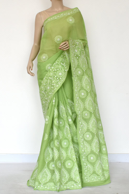 Mehndi Green Hand-Embroidered Chikankari Cotton Saree 14756